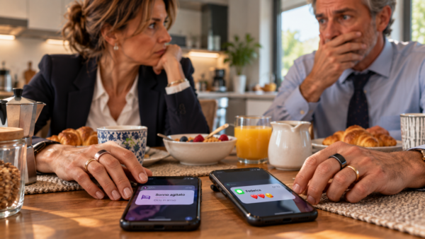 Coppia a colazione con fedi e smart ring; sui due smartphone compaiono notifiche sul sonno e un messaggio di Federica.
