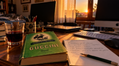 Scrivania illuminata dalla luce del tramonto, con computer e modem spenti. In primo piano il libro Dizionario delle cose perdute di Francesco Guccini, un blocchetto di appunti, una matita e un bicchiere di vino rosso. Sul letto riposa Sugar, un gatto tigrato grigio e bianco.