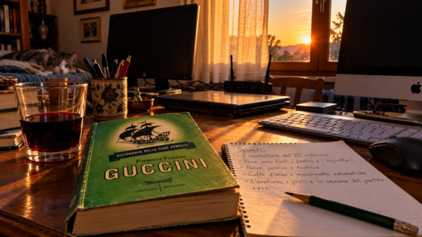 Scrivania illuminata dalla luce del tramonto, con computer e modem spenti. In primo piano il libro Dizionario delle cose perdute di Francesco Guccini, un blocchetto di appunti, una matita e un bicchiere di vino rosso. Sul letto riposa Sugar, un gatto tigrato grigio e bianco.