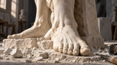 Uno scultore ispirato a Michelangelo lavora con martello e scalpello a un grande piede di marmo, tra schegge sparse sul pavimento.