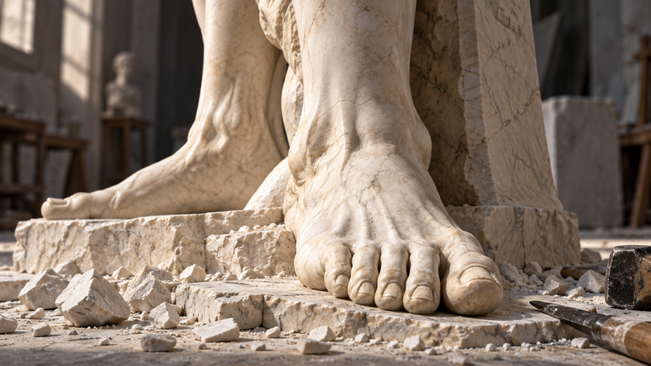 Uno scultore ispirato a Michelangelo lavora con martello e scalpello a un grande piede di marmo, tra schegge sparse sul pavimento.