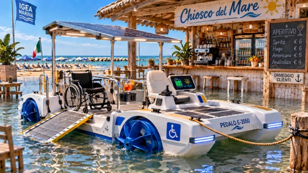 Pedalò elettrico accessibile con rampa per carrozzina, joystick e pannello solare ormeggiato davanti a un chiosco di Igea Marina parzialmente allagato dal mare.