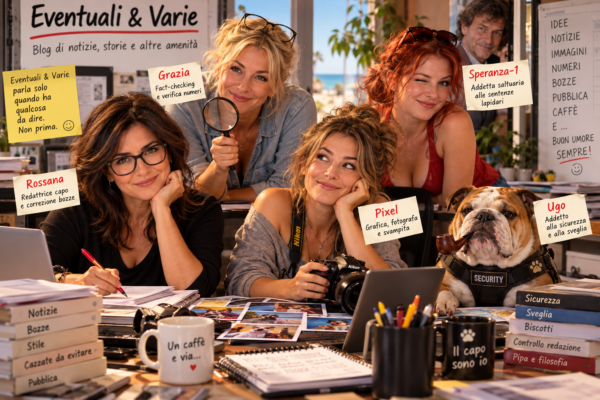Redazione immaginaria del blog Eventuali & Varie: Rossana alla scrivania, Grazia con una lente d'ingrandimento, Pixel con la macchina fotografica, Speranza-1 che fa l'occhiolino e Ugo, bulldog con la pipa. Ogni personaggio è accompagnato da un cartellino che ne descrive il ruolo.