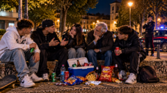 Di notte, alcuni ragazzi discutono animatamente con un uomo anziano seduto insieme a loro su un muretto. Bibite, snack e una borsa frigo accompagnano la conversazione. Sullo sfondo, un carabiniere osserva la scena accanto alla pattuglia.