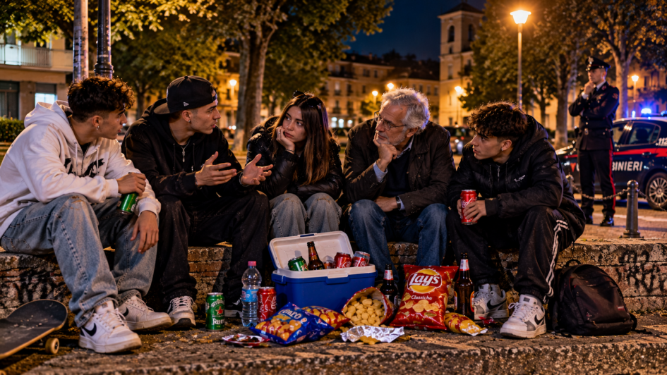 Di notte, alcuni ragazzi discutono animatamente con un uomo anziano seduto insieme a loro su un muretto. Bibite, snack e una borsa frigo accompagnano la conversazione. Sullo sfondo, un carabiniere osserva la scena accanto alla pattuglia.