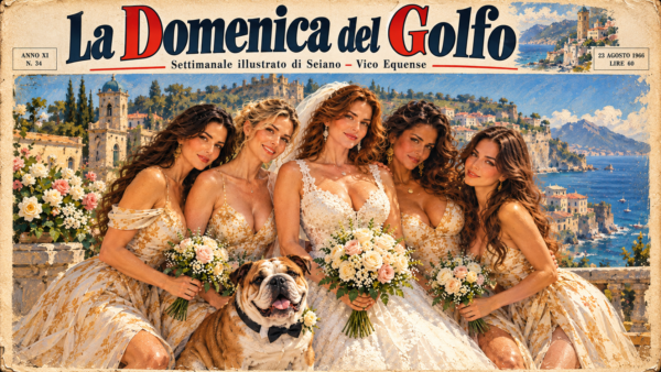 Illustrazione in stile delle storiche copertine della Domenica del Corriere. La finta testata “La Domenica del Golfo”, settimanale illustrato di Seiano – Vico Equense, presenta una sposa con quattro damigelle e un bulldog, davanti a un panorama costiero. L'immagine è interamente generata con intelligenza artificiale.