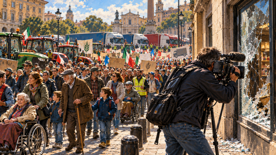 Illustrazione nello stile di Beltrame e Molino: una grande manifestazione pacifica riempie una piazza, con cittadini, trattori e TIR. In primo piano, un unico cameraman riprende una vetrina infranta, ignorando la folla.