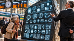 In una stazione ferroviaria, un'anziana viaggiatrice con valigia osserva una monumentale stele digitale ricoperta di simboli, QR code e icone. Accanto, un dirigente in giacca e cravatta illustra soddisfatto il sistema.