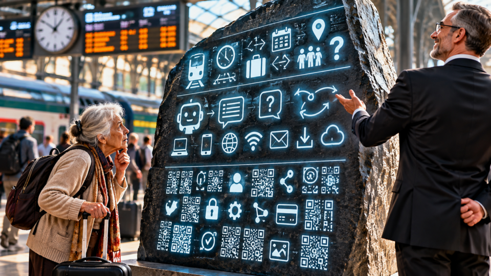 In una stazione ferroviaria, un'anziana viaggiatrice con valigia osserva una monumentale stele digitale ricoperta di simboli, QR code e icone. Accanto, un dirigente in giacca e cravatta illustra soddisfatto il sistema.